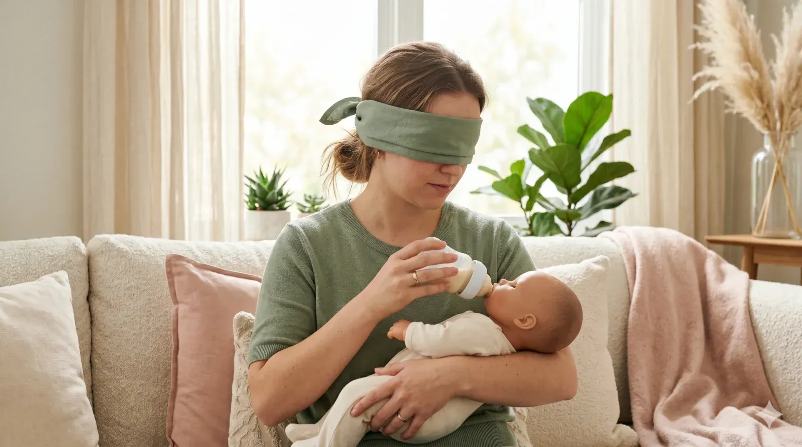 Blindfold Bottle Feeding — baby shower game
