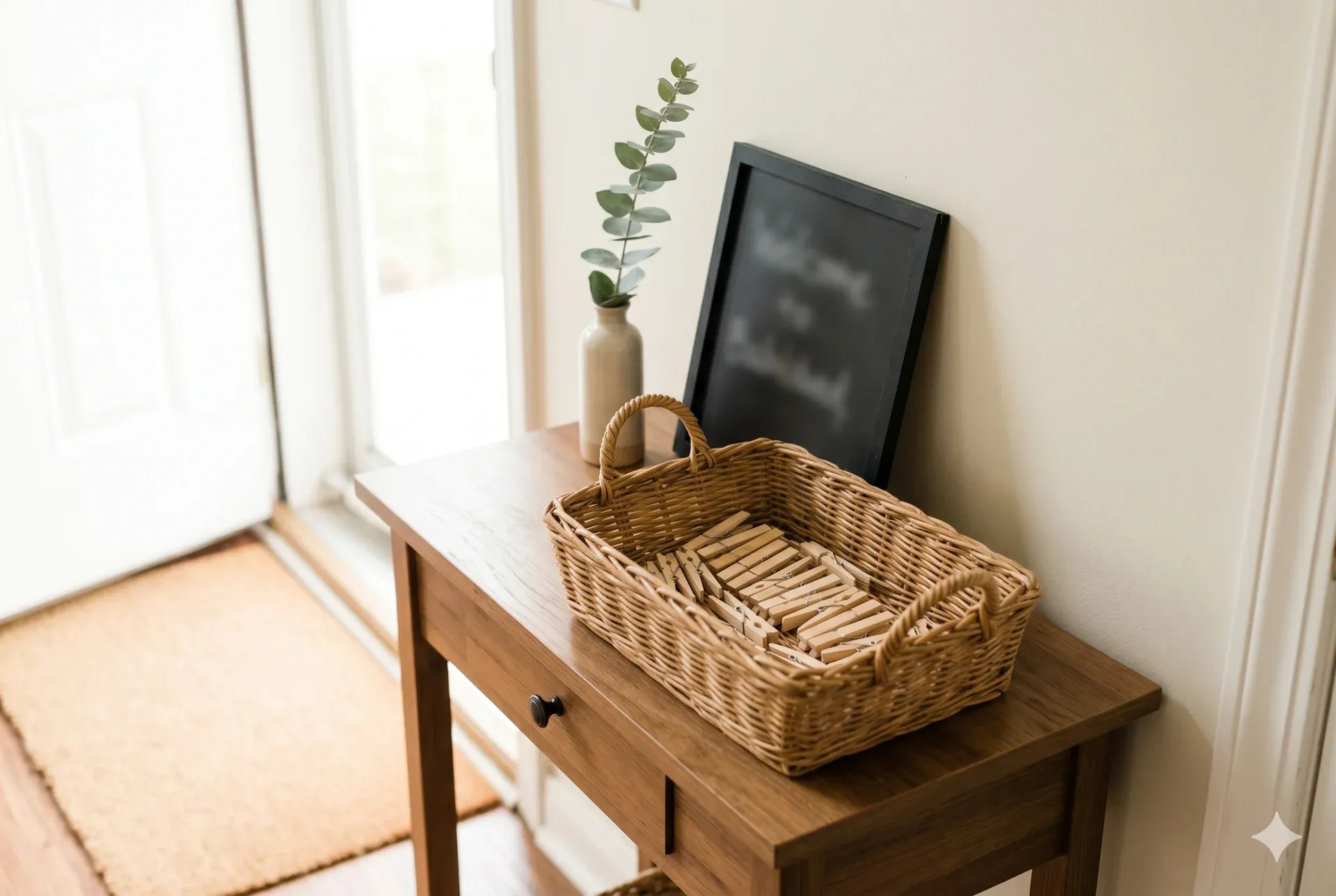 Front-door setup for Don’t Say "Baby" — basket of clothespins and a chalkboard rule sign by the entryway