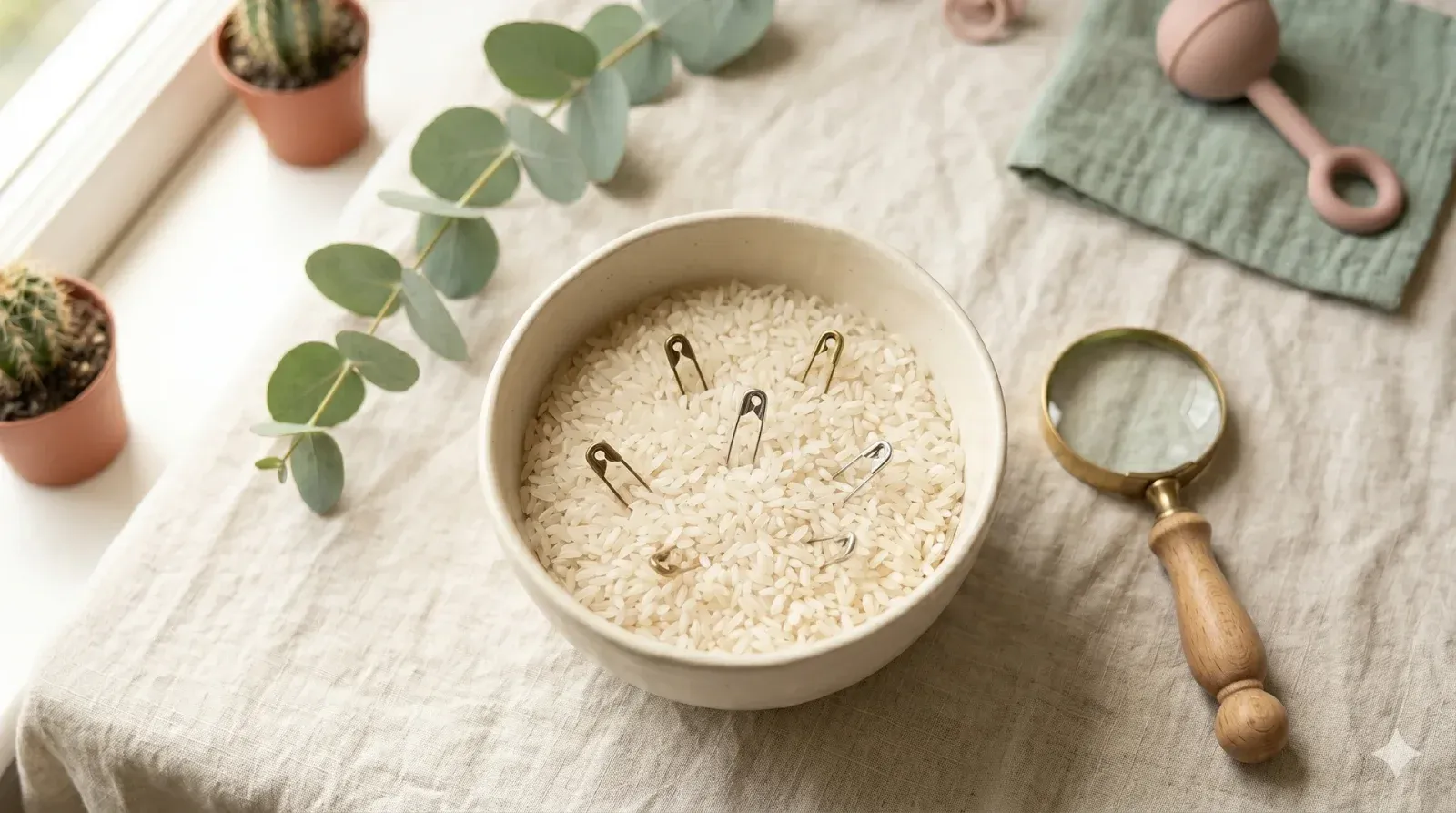 Safety Pin in Rice Hunt — baby shower game