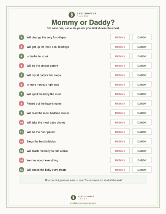 Mommy or Daddy? — free printable baby shower game preview