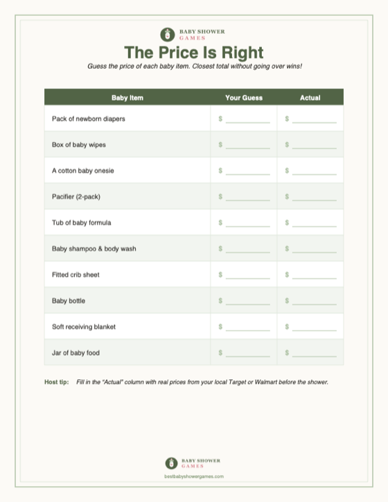 The Price Is Right: Baby Edition — free printable baby shower game preview