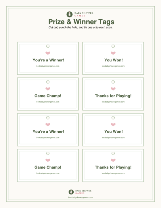 Prize & Winner Tags — free printable baby shower game preview