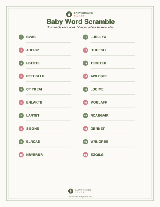Baby Word Scramble — free printable baby shower game preview